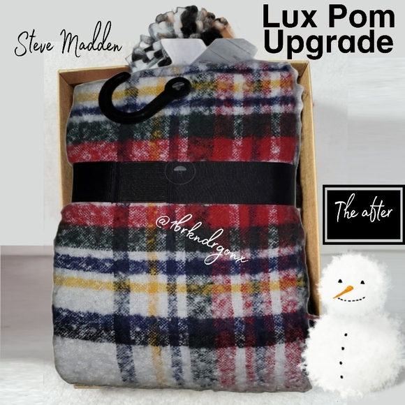 Steve Madden Holiday Gift Set Beanie Hat & Blanket Plaid Scarf Upgraded Lux Pom - Picture 10 of 14